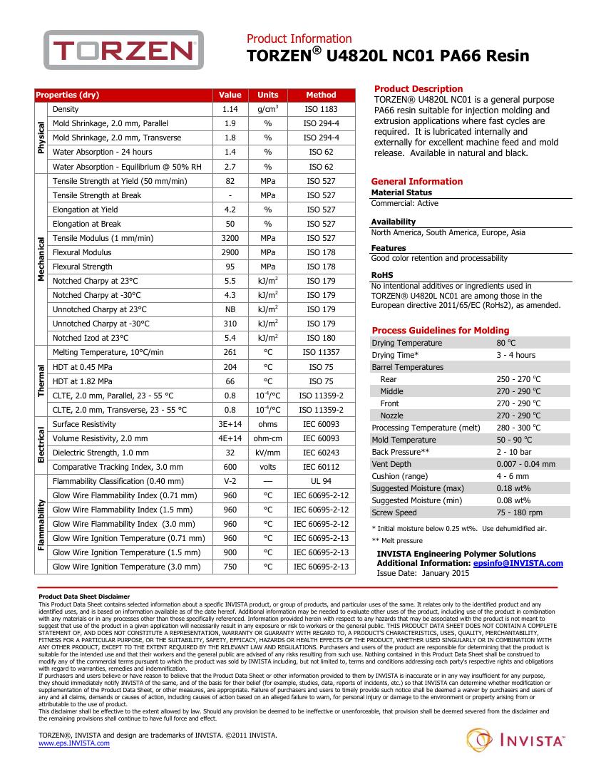 TORZEN U4820L NC01 PA66 resin data sheet